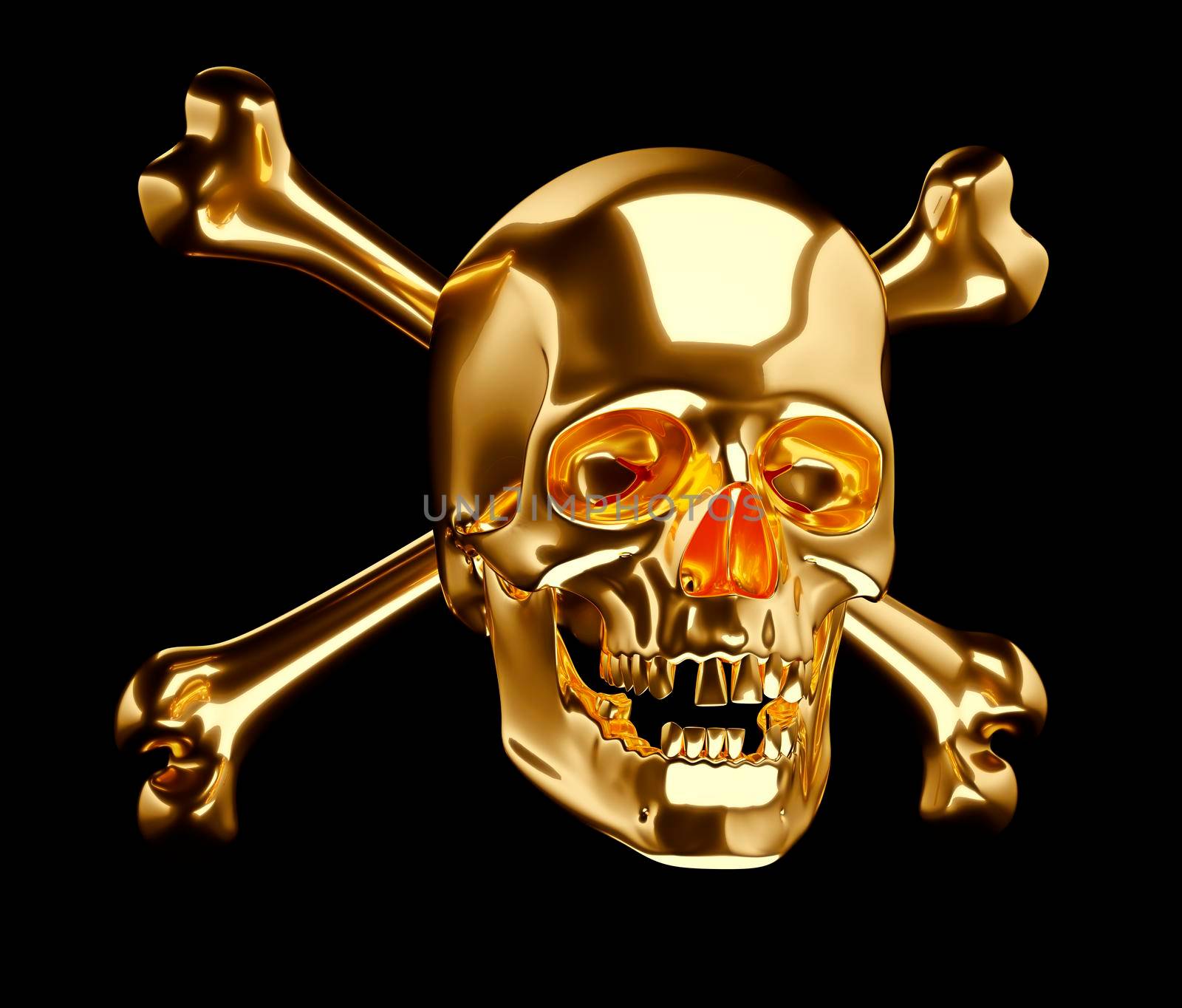 Golden Skull with cross bones or totenkopf isolated on black 3d render 3d illustration