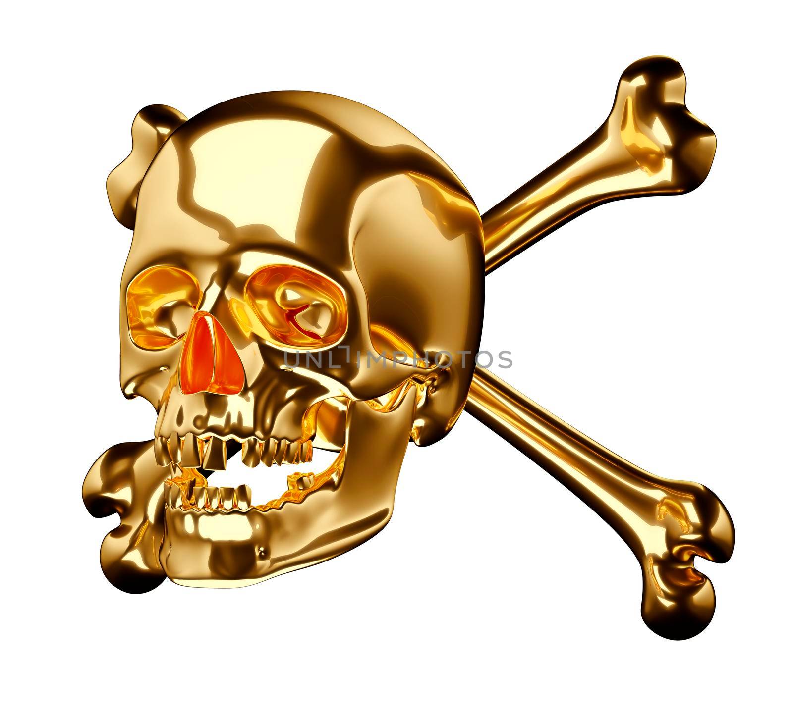 Golden Skull with cross bones or totenkopf isolated on white 3d render 3d illustration