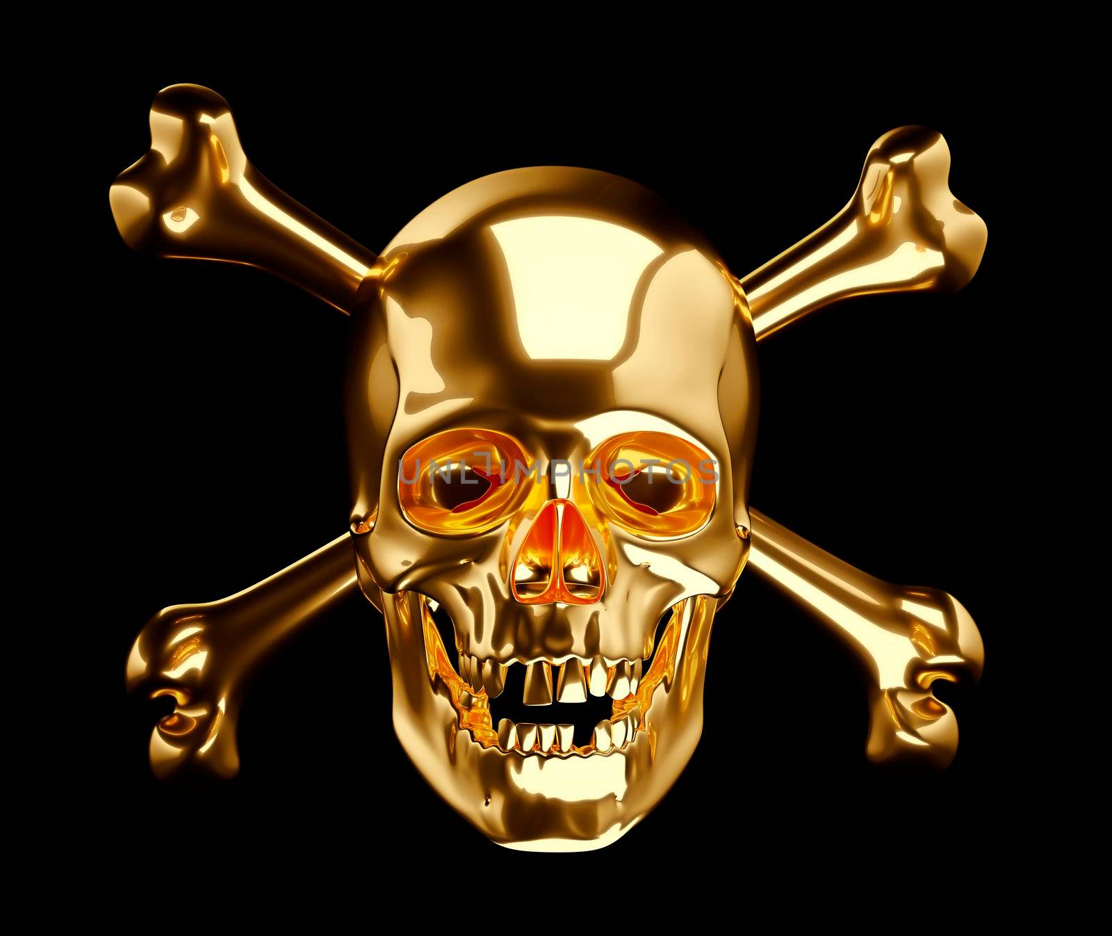 Golden Skull with crossbones or totenkopf isolated on black 3d render 3d illustration