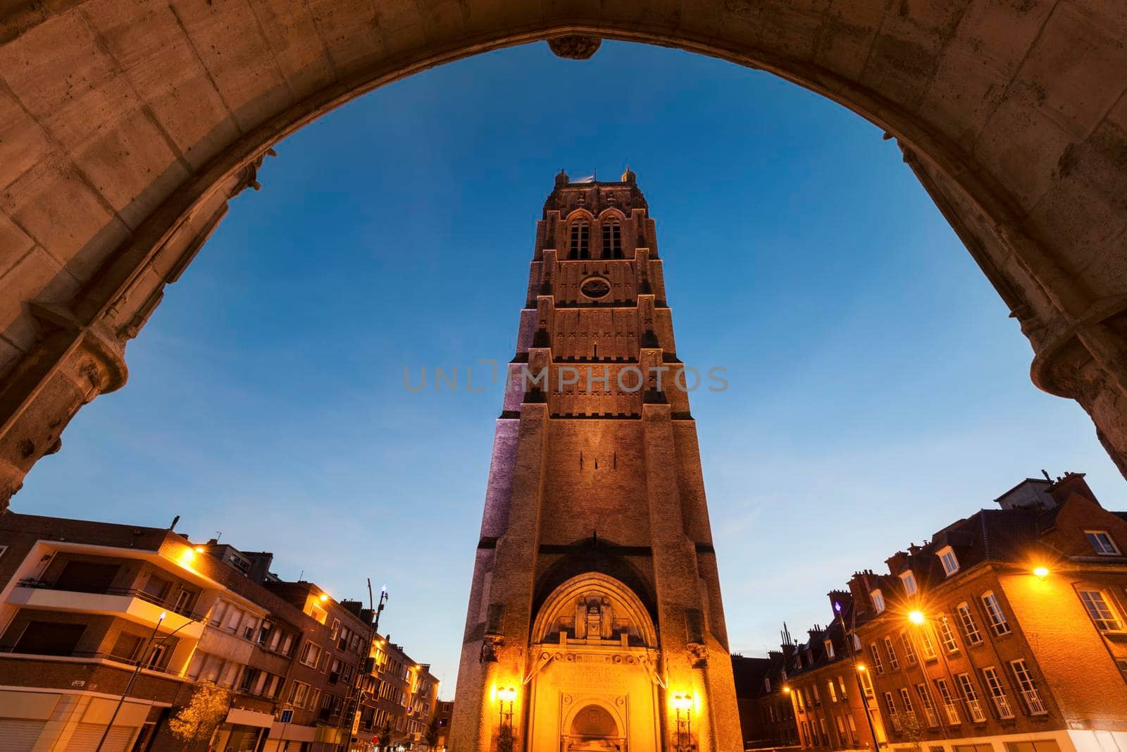 Belfry of St Eloi Church in Dunkirk. Dunkirk, Hauts-de-France, France.