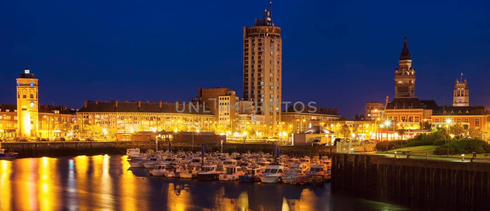 Panorama of Dunkirk   at night. Dunkirk, Hauts-de-France, France.