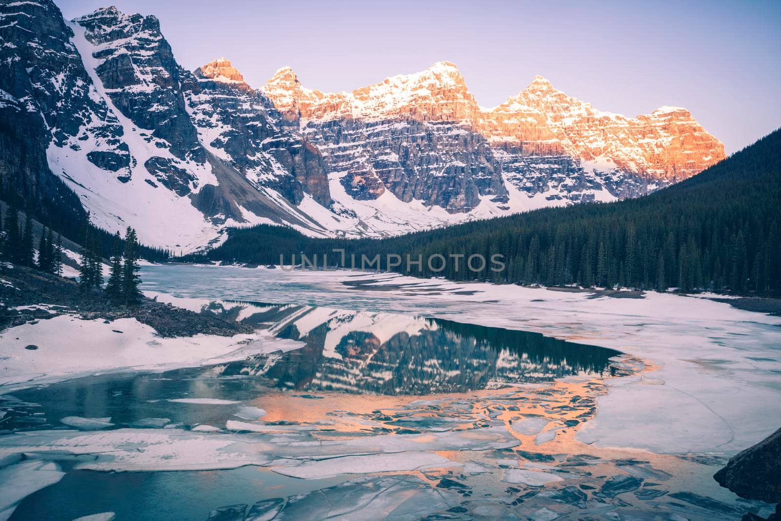 Frozen Moraine Lake in Banff National Park. Banff National Park,Alberta, Canada.