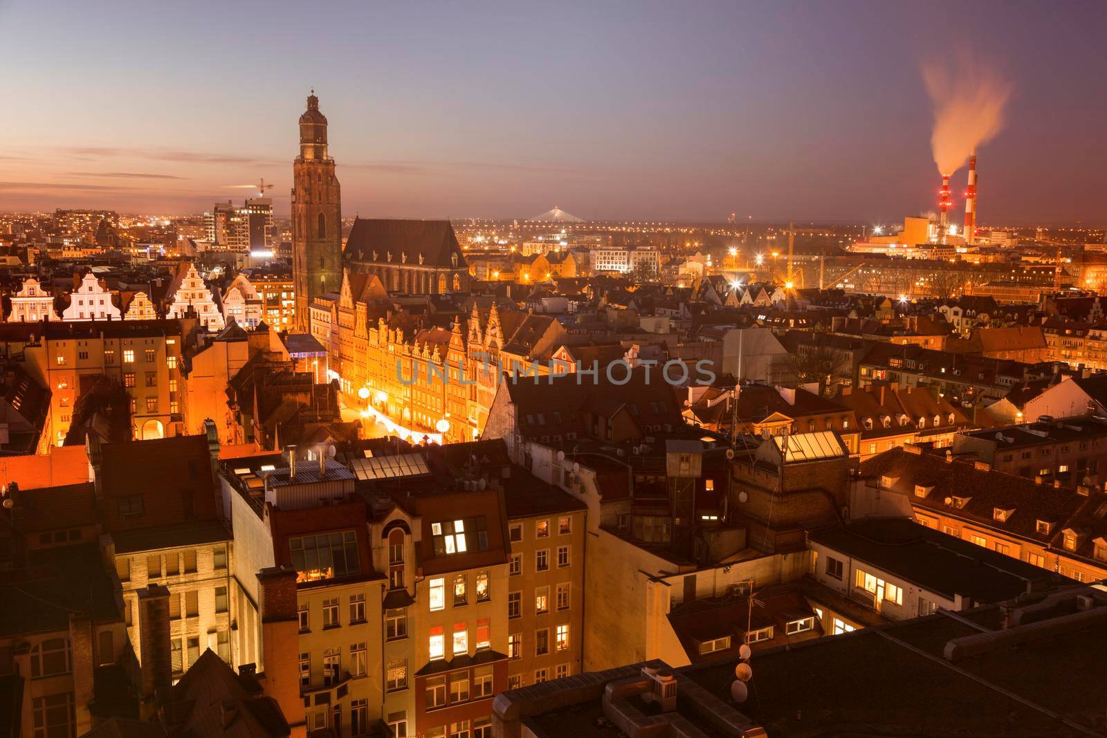 Aerial panorama of Wroclaw at sunset. Wroclaw, Lower Silesian, Poland.
