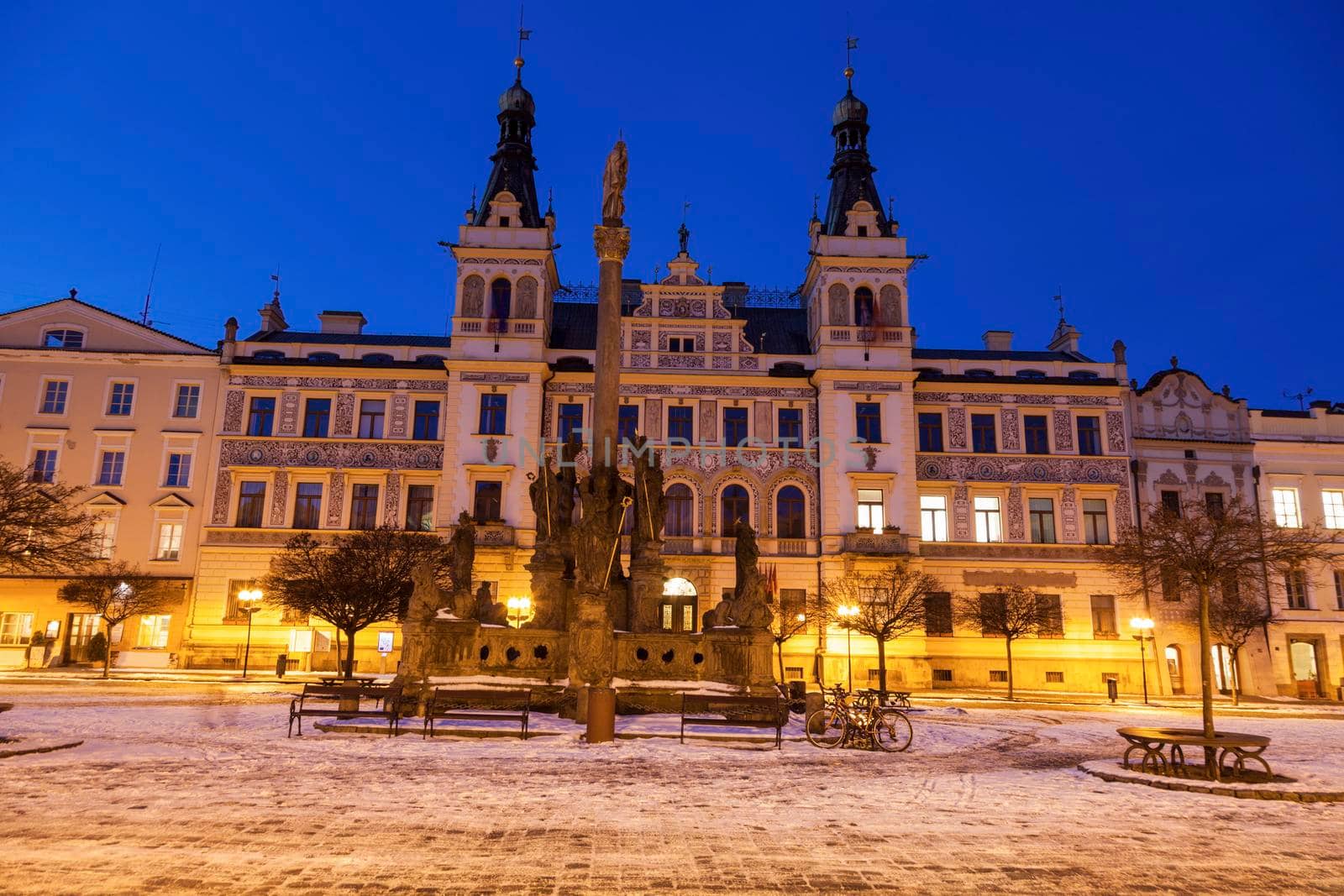 City Hall and Plague Column on Pernstynske Square in Pardubice. Pardubice, Bohemia, Czech Republic.