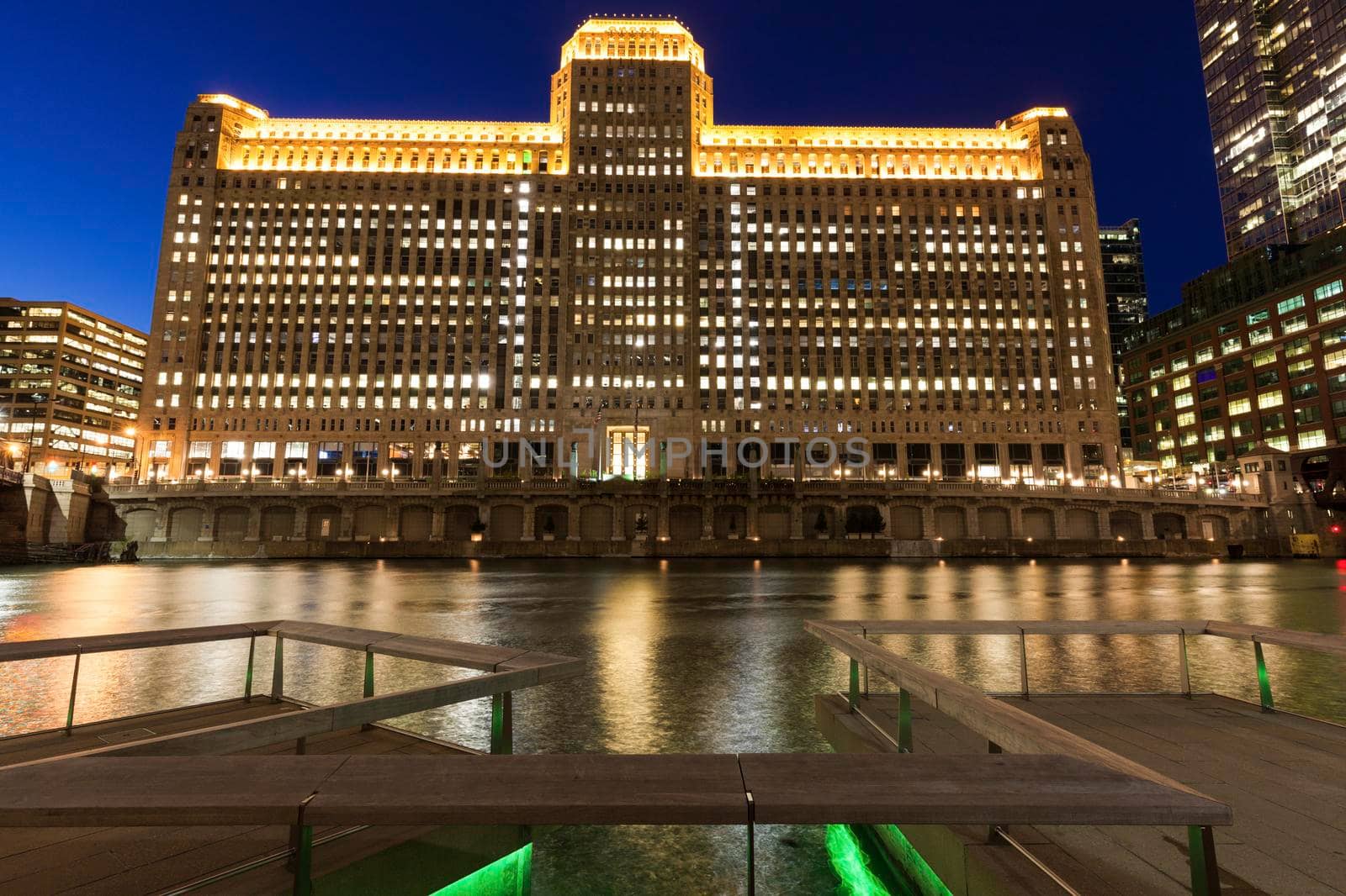 Merchandise Mart in Chicago at night. Chicago, Illinois, USA.