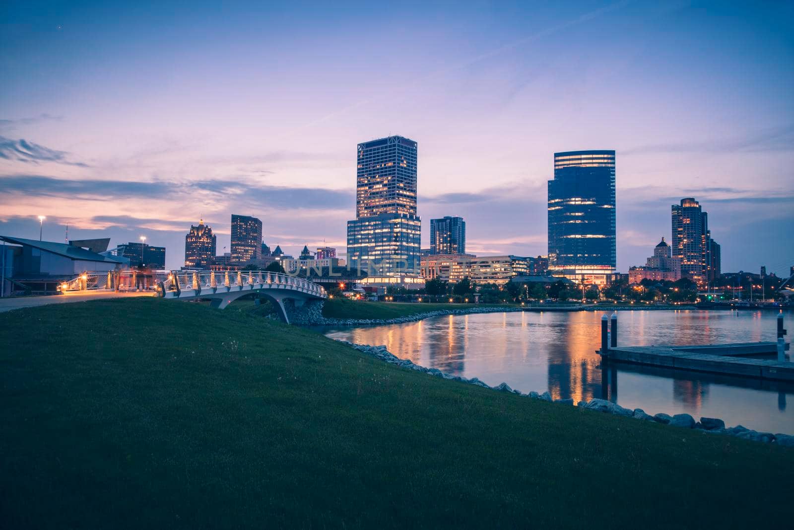 Panorama of Milwaukee at night. Milwaukee, Wisconsin, USA.