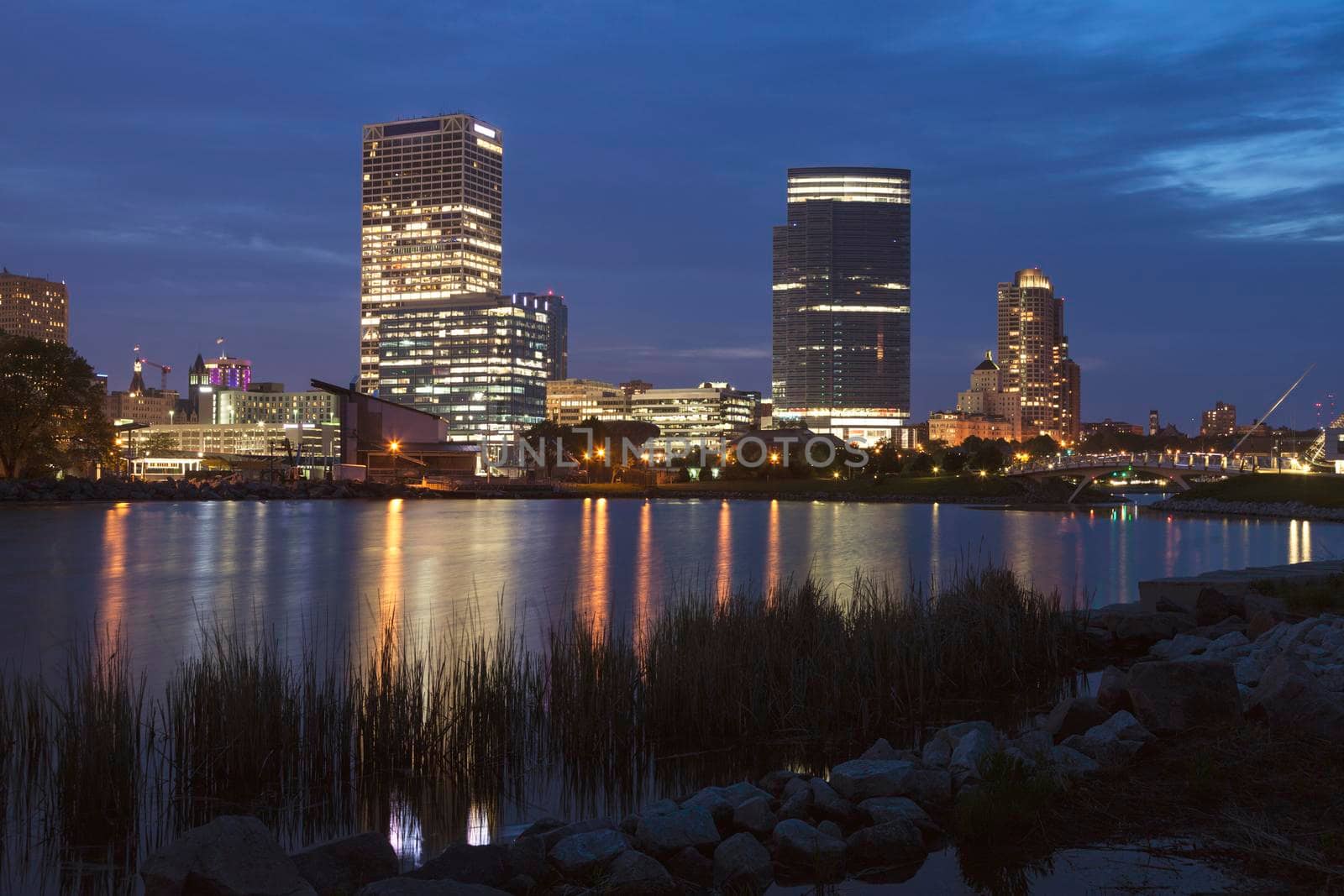 Panorama of Milwaukee at night. Milwaukee, Wisconsin, USA.