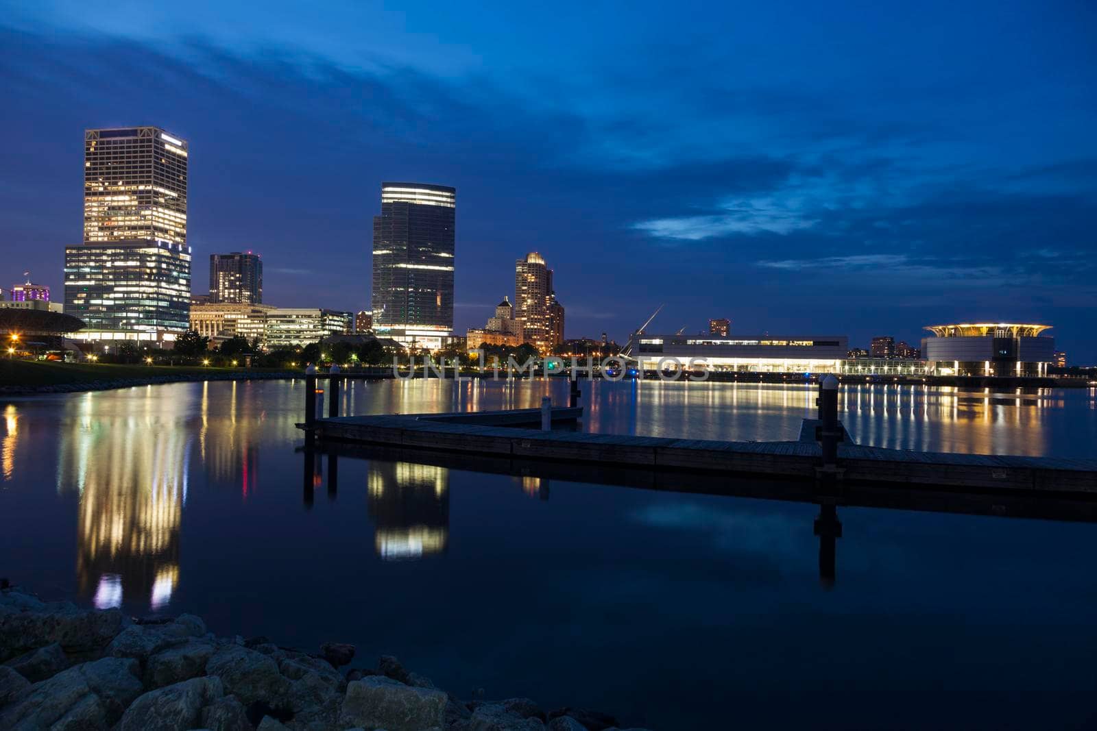 Panorama of Milwaukee at night. Milwaukee, Wisconsin, USA.