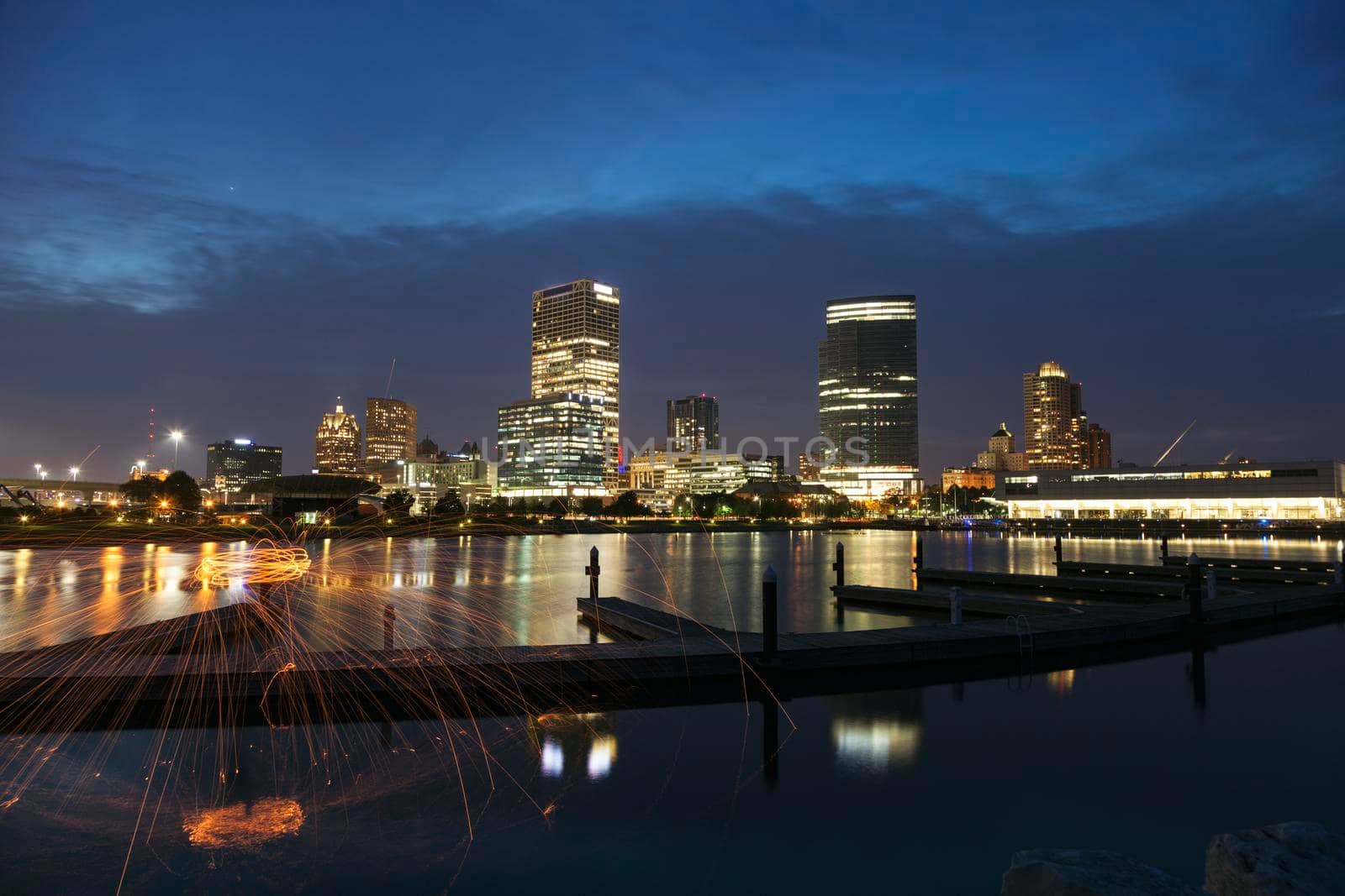 Panorama of Milwaukee at night. Milwaukee, Wisconsin, USA.