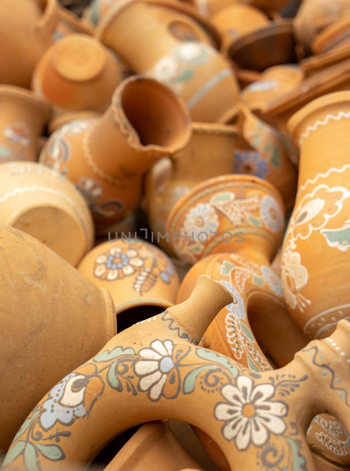 Traditional Ukrainian pottery with patterns and ornament. Ukrainian culture