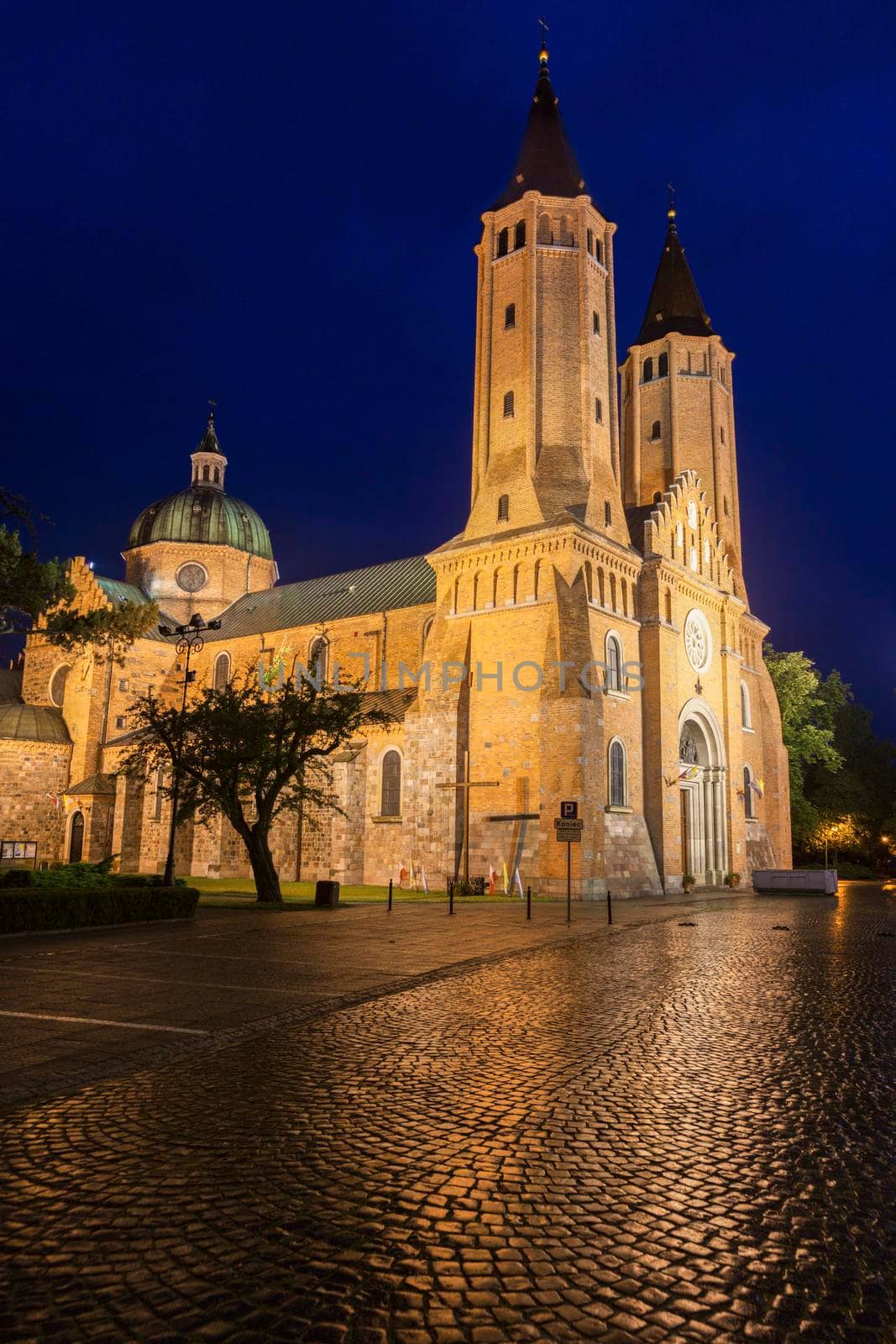 Plock Cathedral at night. Plock, Masovia, Poland.