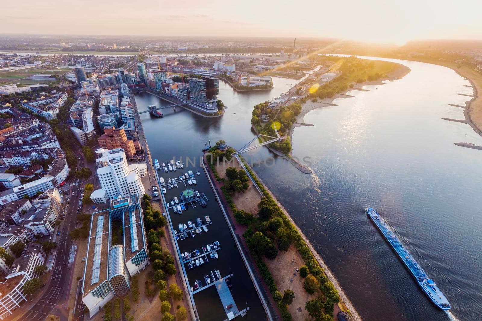 Aerial panorama of Dusseldorf at sunset. Dusseldorf, North Rhine-Westphalia, Germany.