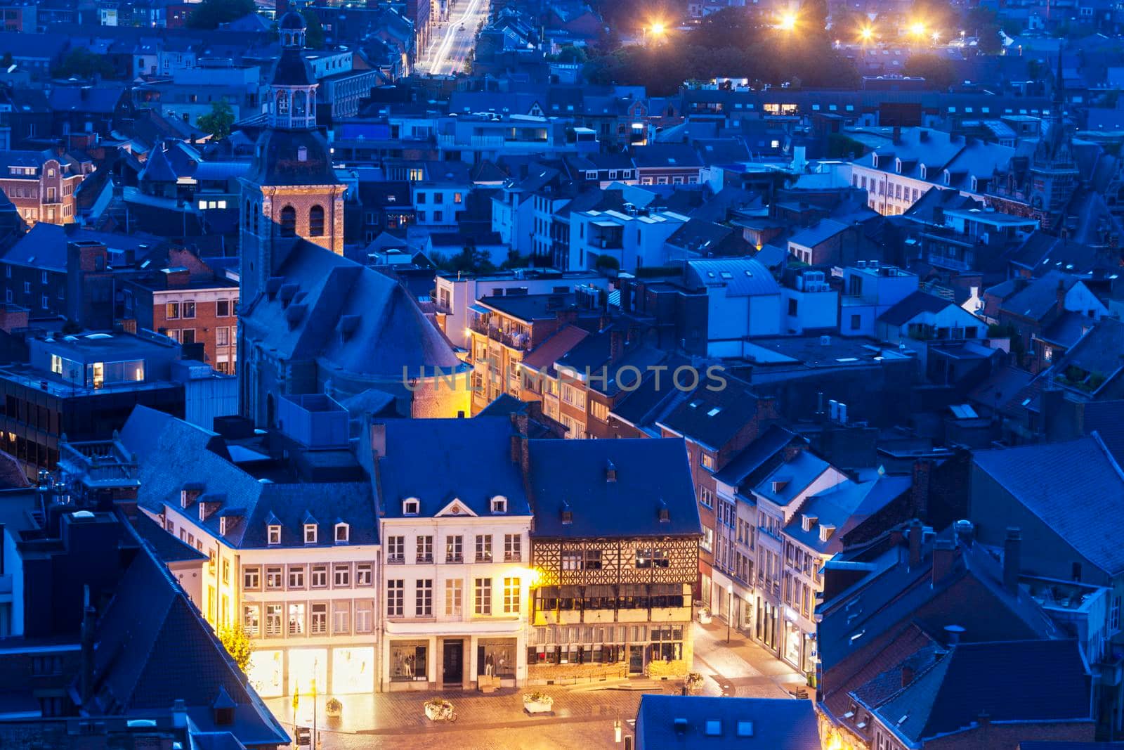 Aerial panorama of Hasselt at night. Hasselt, Flemish Region, Belgium.