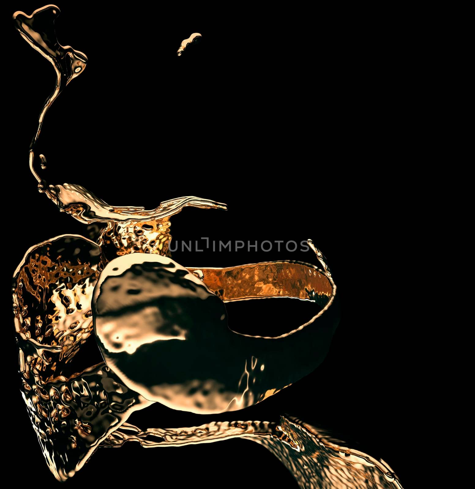 Melted gold or oil splashes isolated on black. 3d render, 3d illustration 