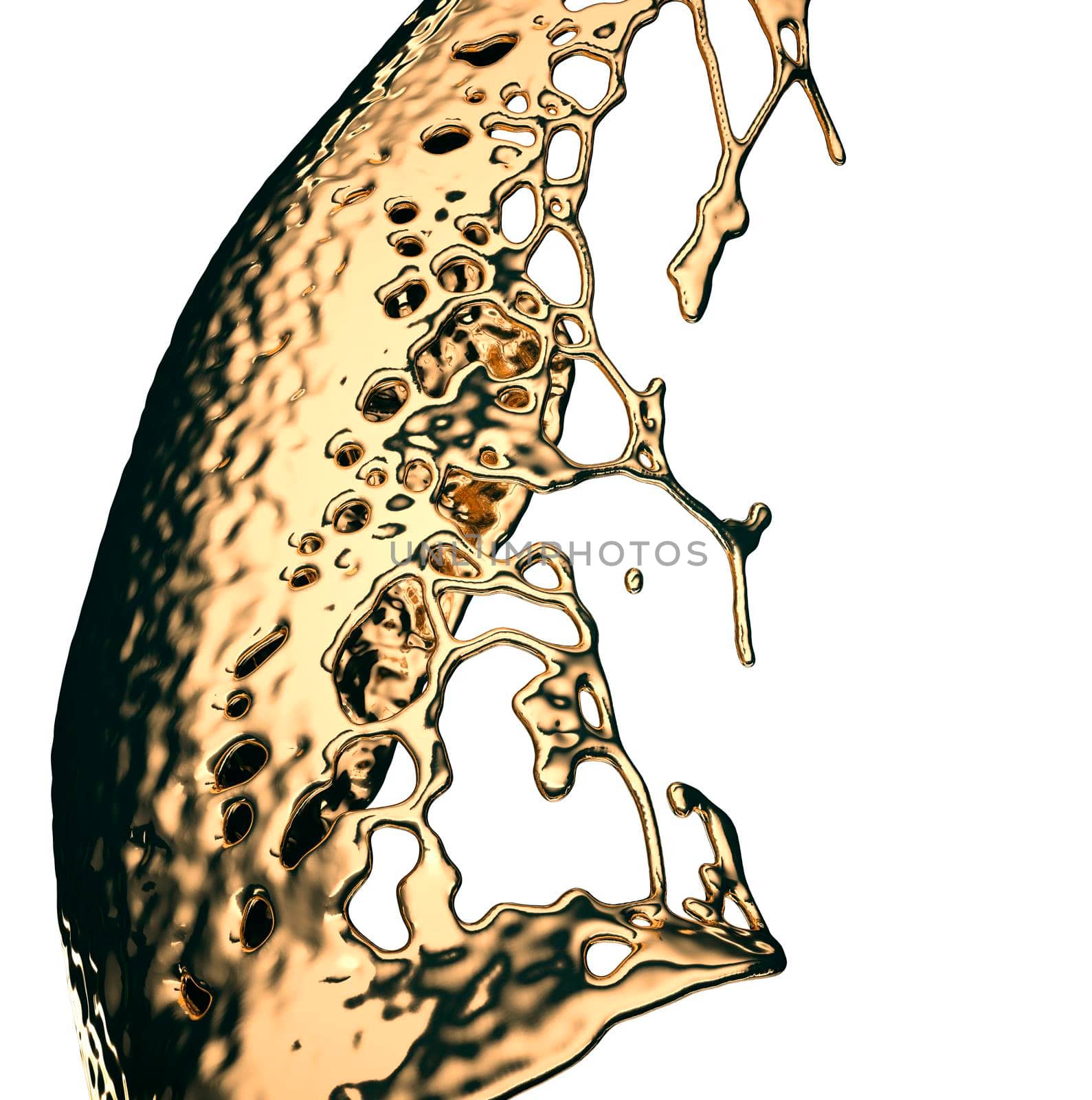 Melted gold or oil splashes isolated on white. 3d render, 3d illustration 