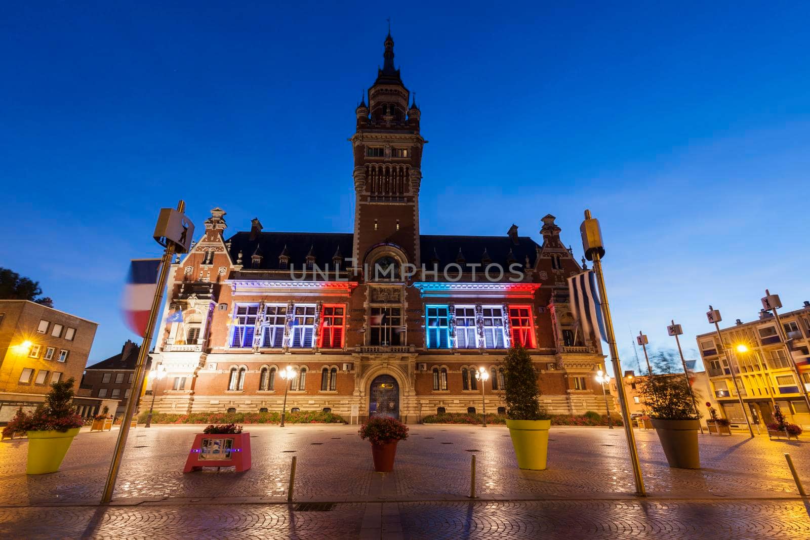 Dunkirk City Hall at night. Dunkirk, Hauts-de-France, France.