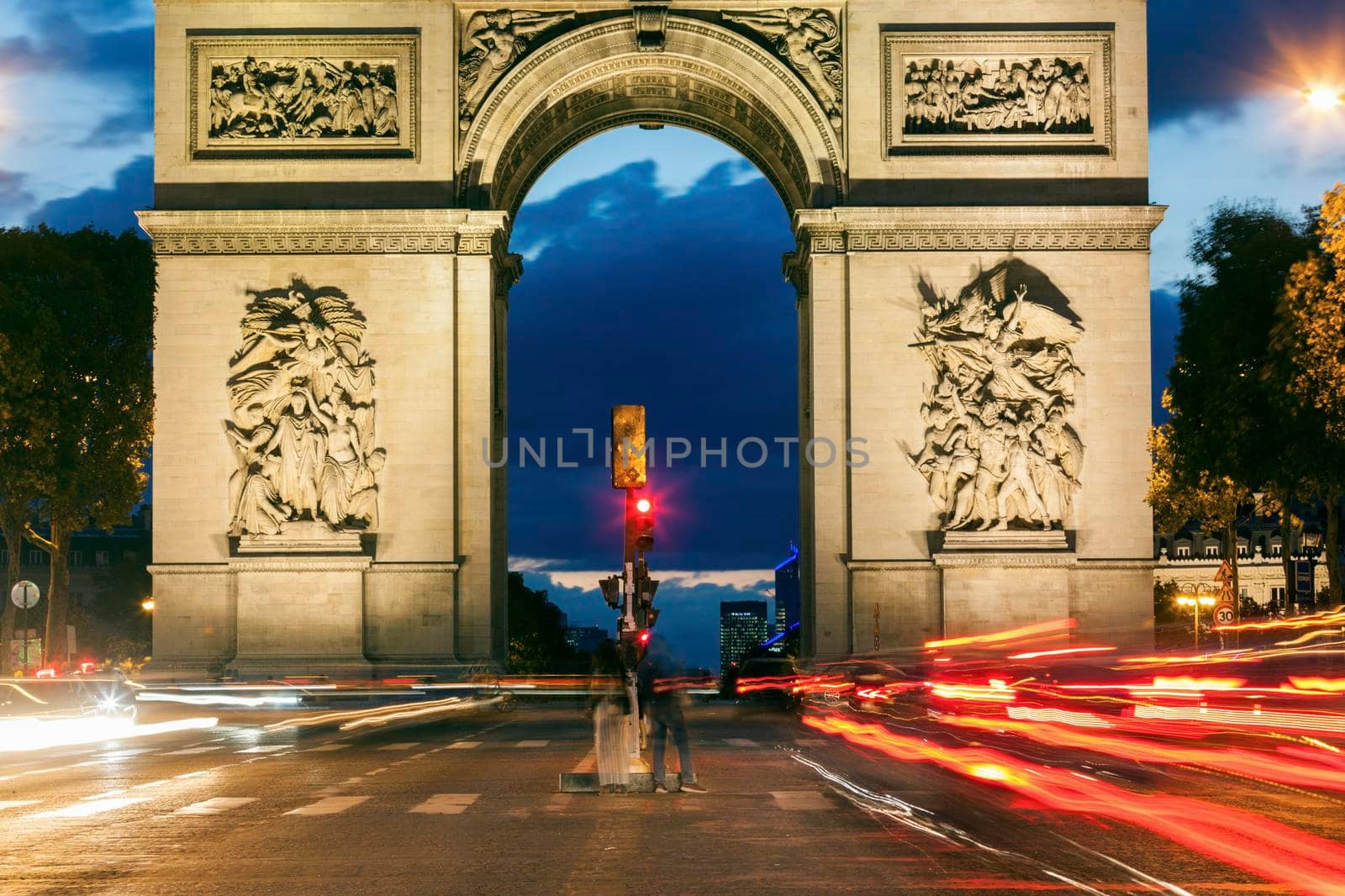 Arc de Triomphe in Paris seen at night. Paris, Ile-de-France, France.