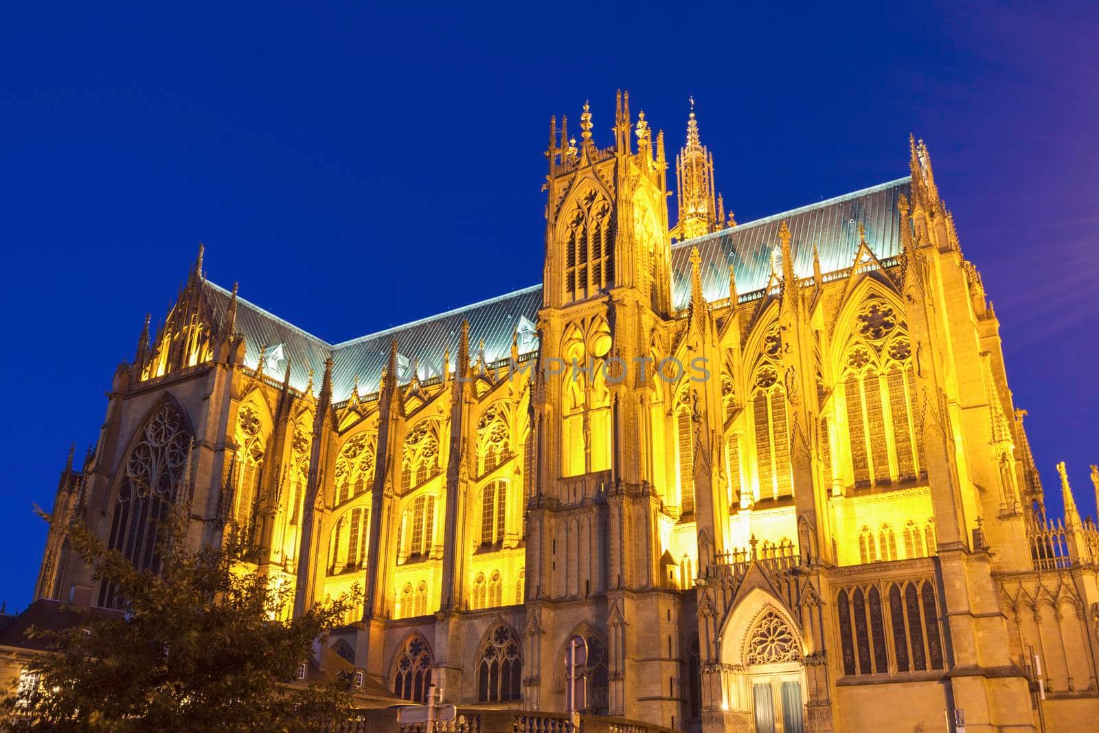 Cathedral of Saint Stephen in Metz illuminated at night. Metz, Grand Est, France.