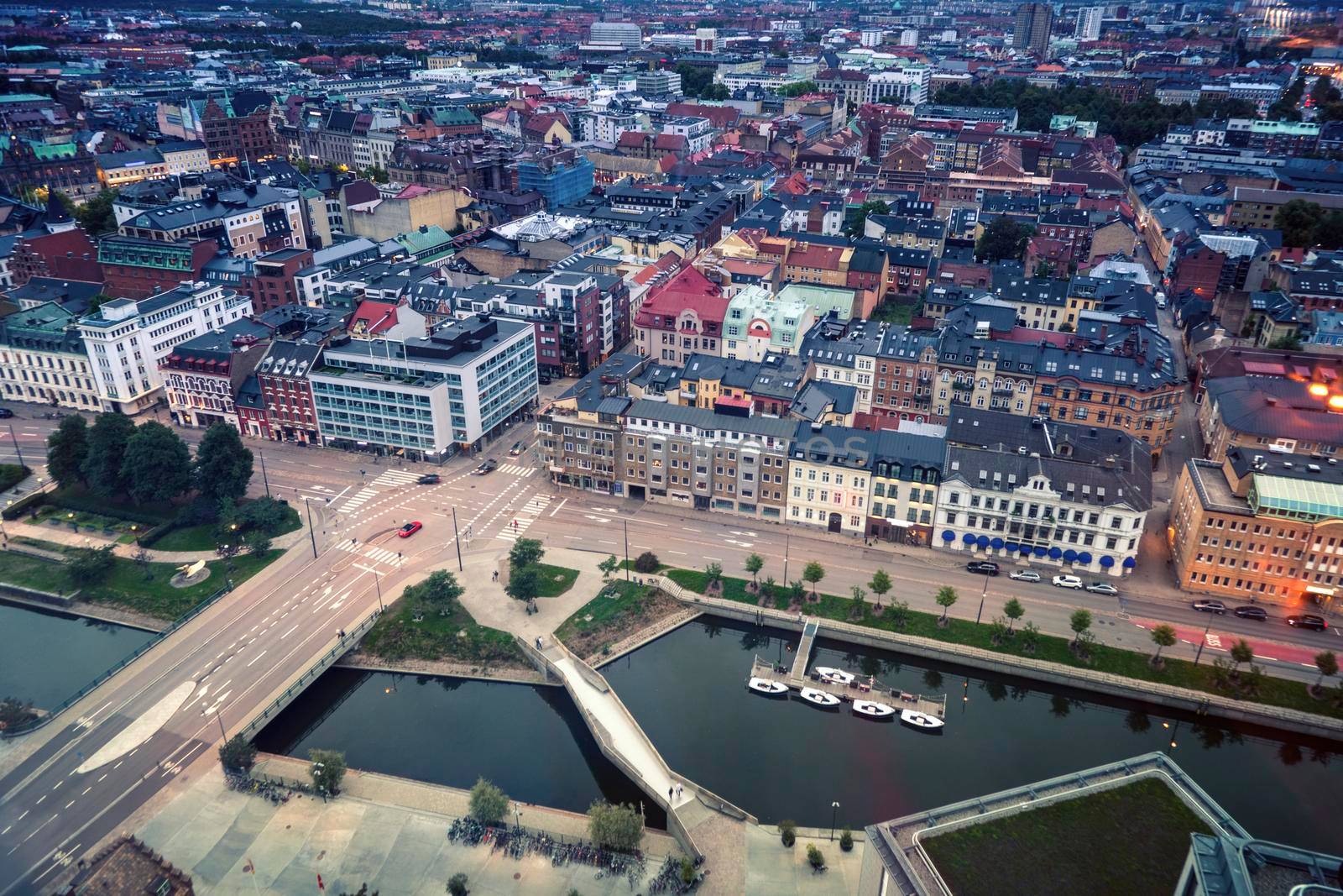 Aerial panorama of Malmo at evening. Malmo, Scania, Sweden.