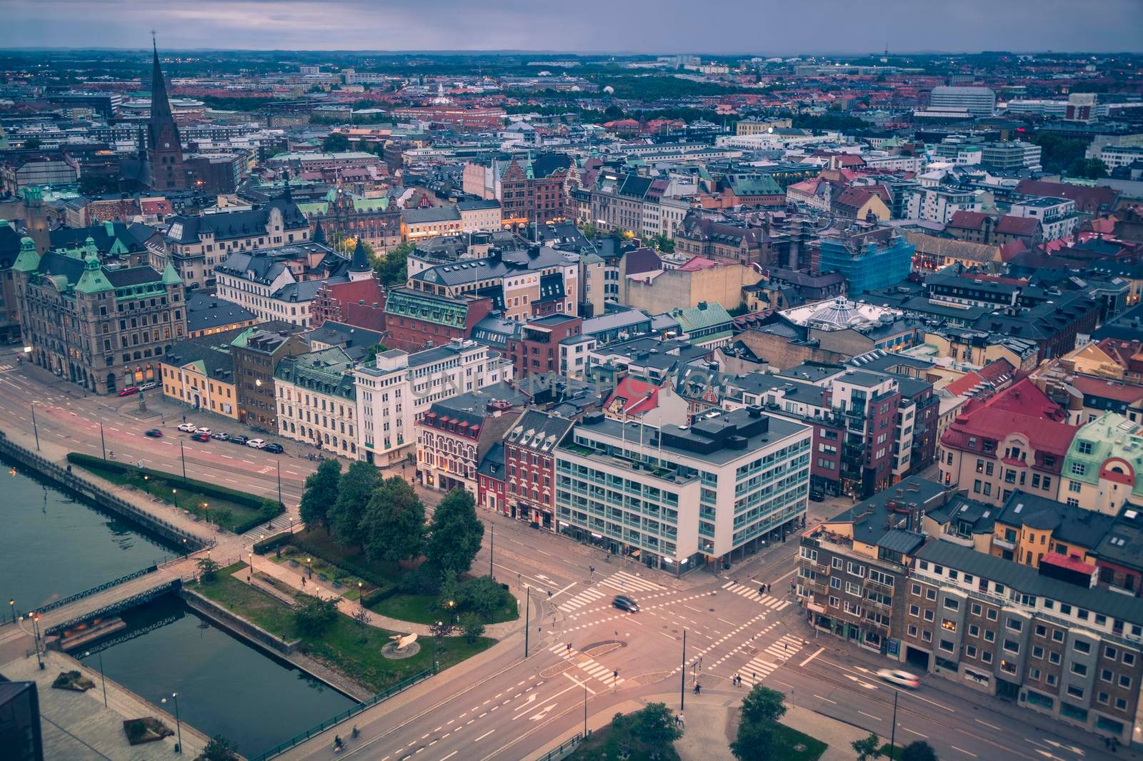Aerial panorama of Malmo at dusk. Malmo, Scania, Sweden.