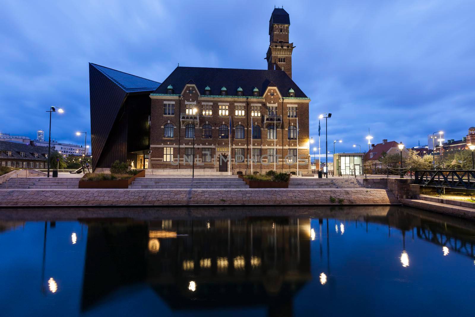 Panorama of Malmo at night. Malmo, Scania, Sweden.