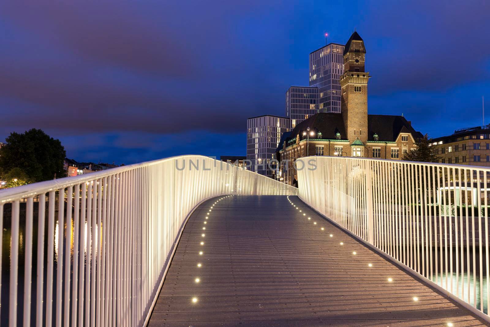Pedestrian bridge in Malmo at night. Malmo, Scania, Sweden.