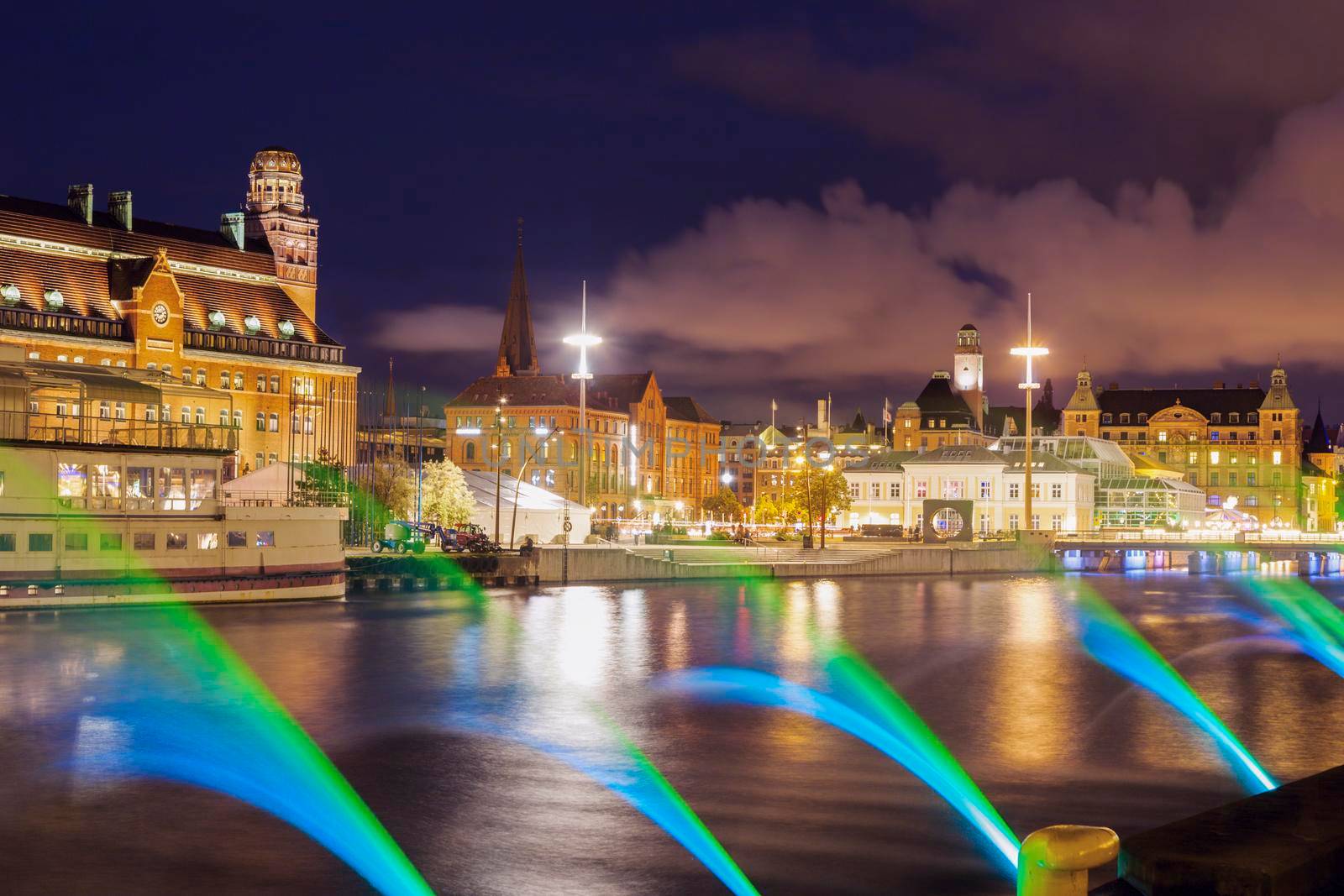 Panorama of Malmo at night. Malmo, Scania, Sweden.