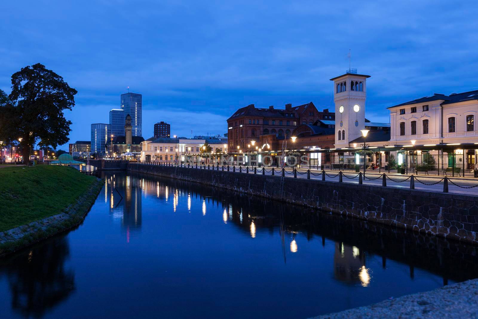 Panorama of Malmo at twilight. Malmo, Scania, Sweden.