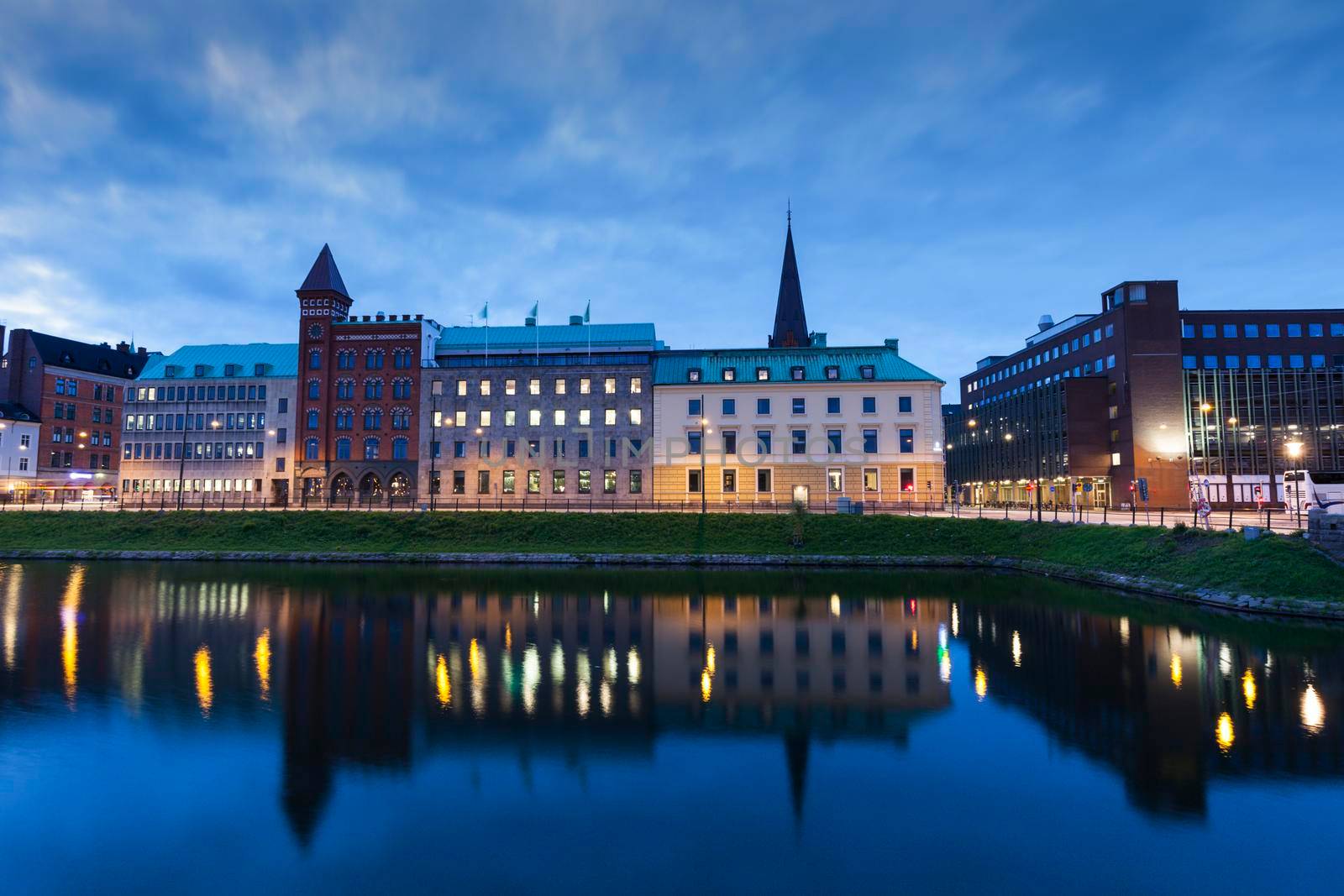 Panorama of Malmo at night. Malmo, Scania, Sweden.