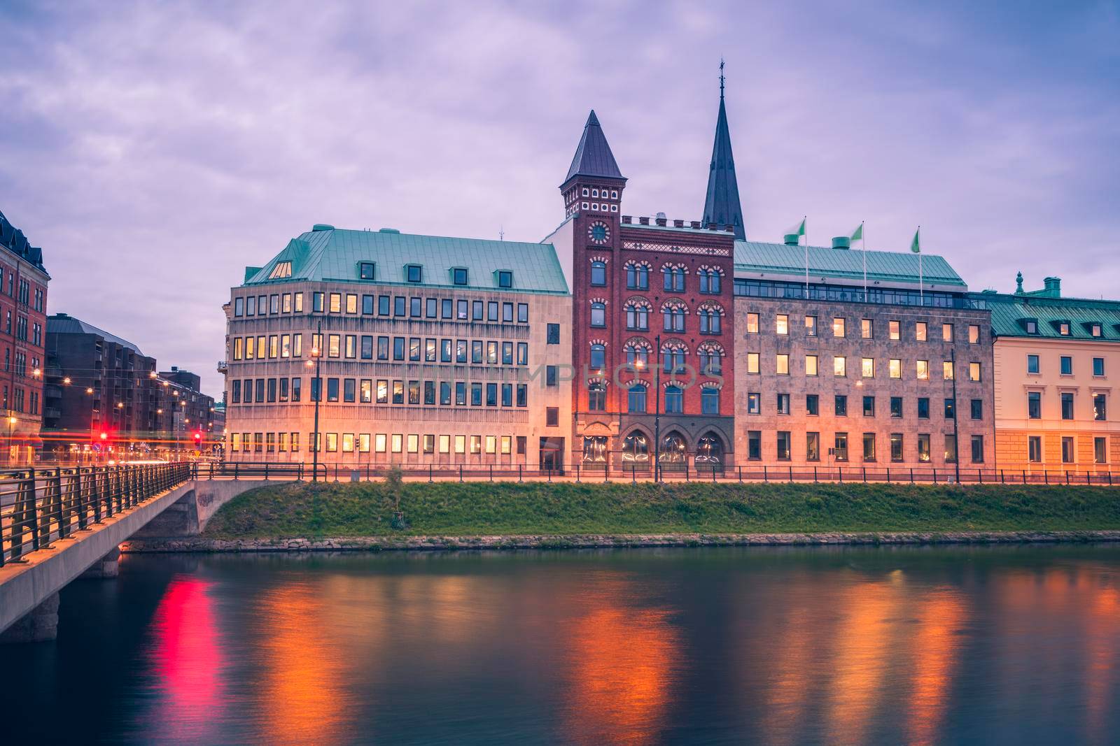 Panorama of Malmo at dusk. Malmo, Scania, Sweden.