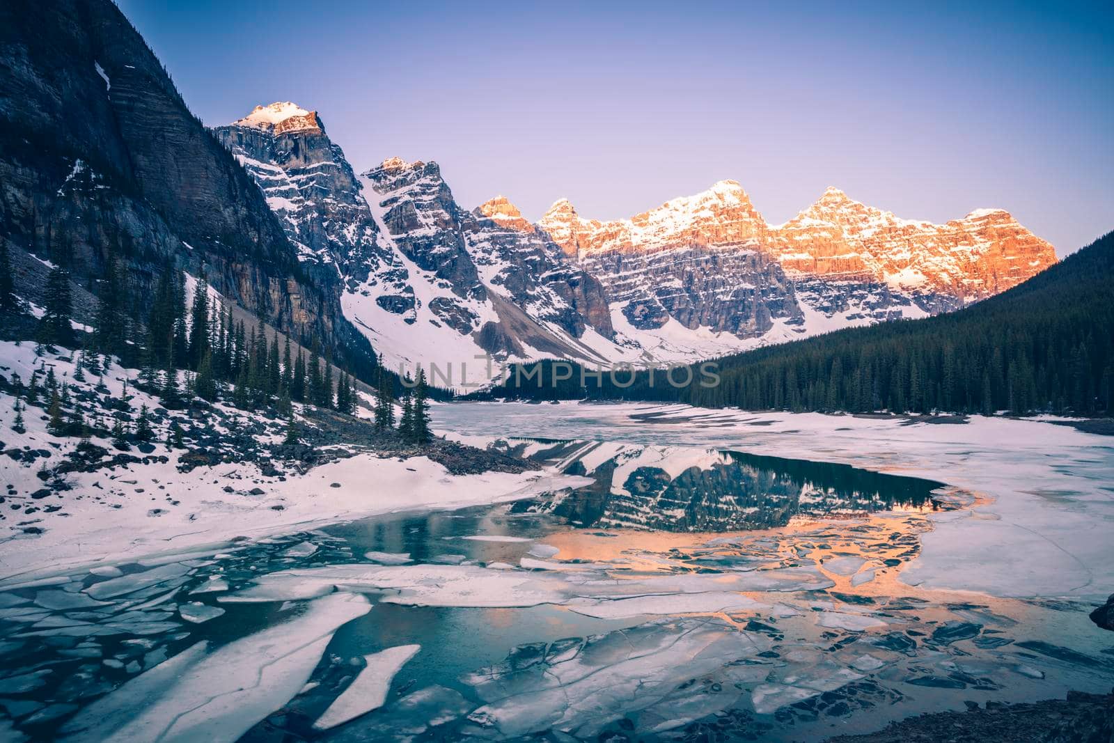 Frozen Moraine Lake in Banff National Park. Banff National Park,Alberta, Canada.