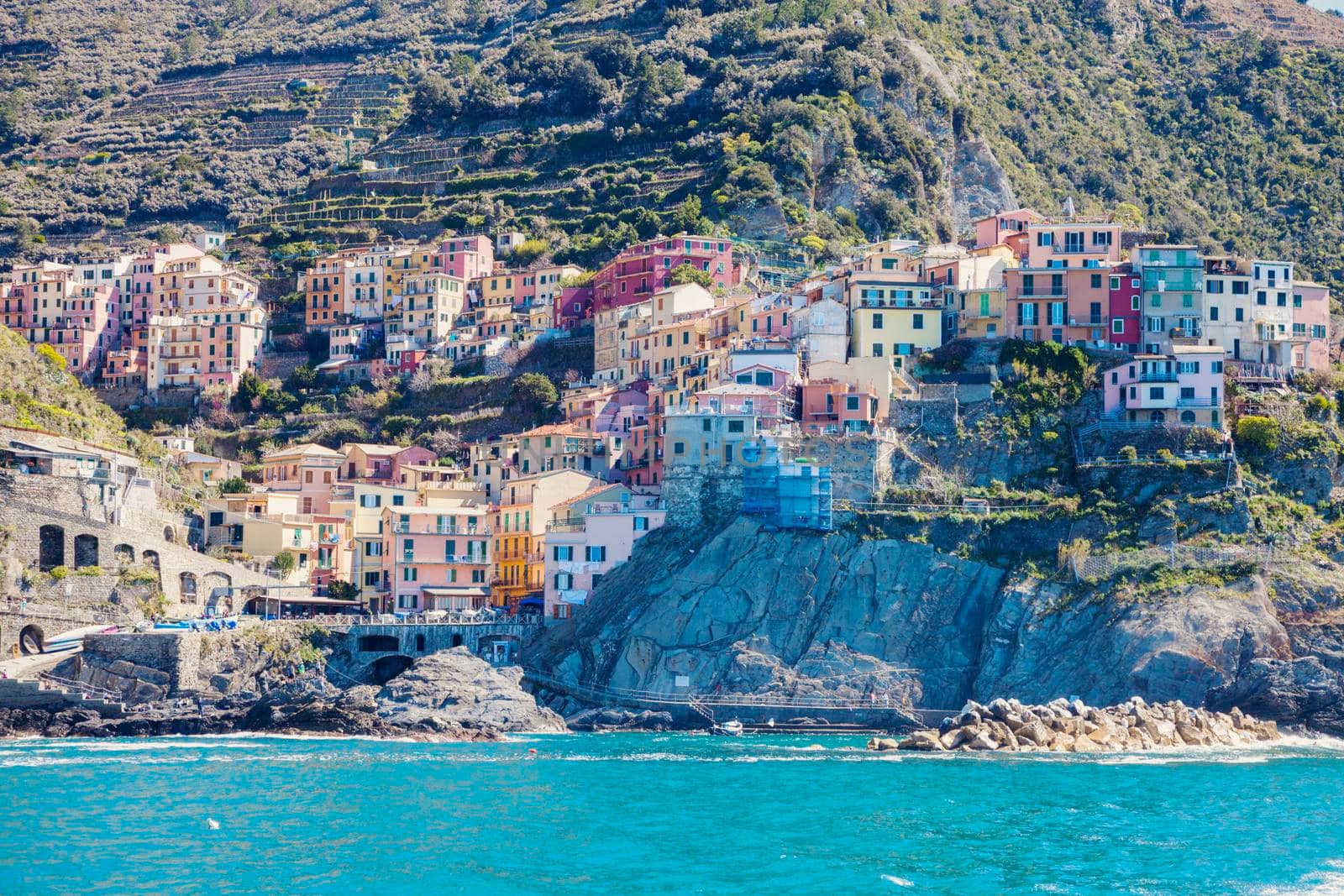 Manarola architecture from the sea. Manarola, Liguria, Italy.
