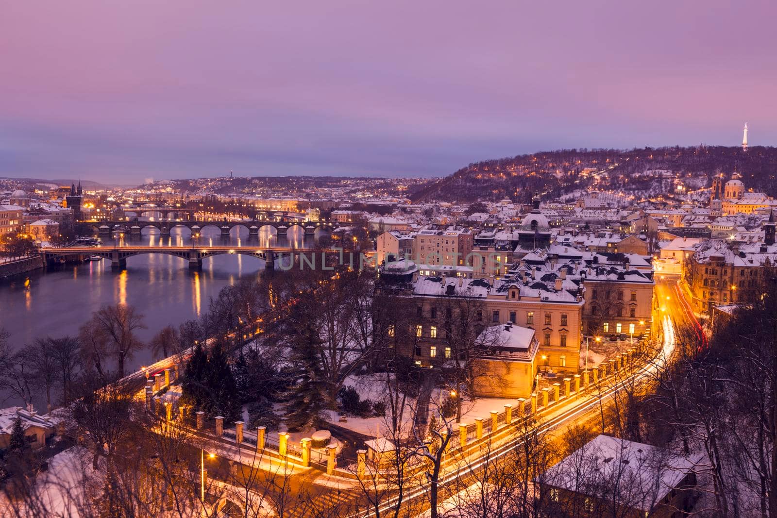 Winter in Prague - bridges on Vltava River. Prague, Bohemia, Czech Republic.