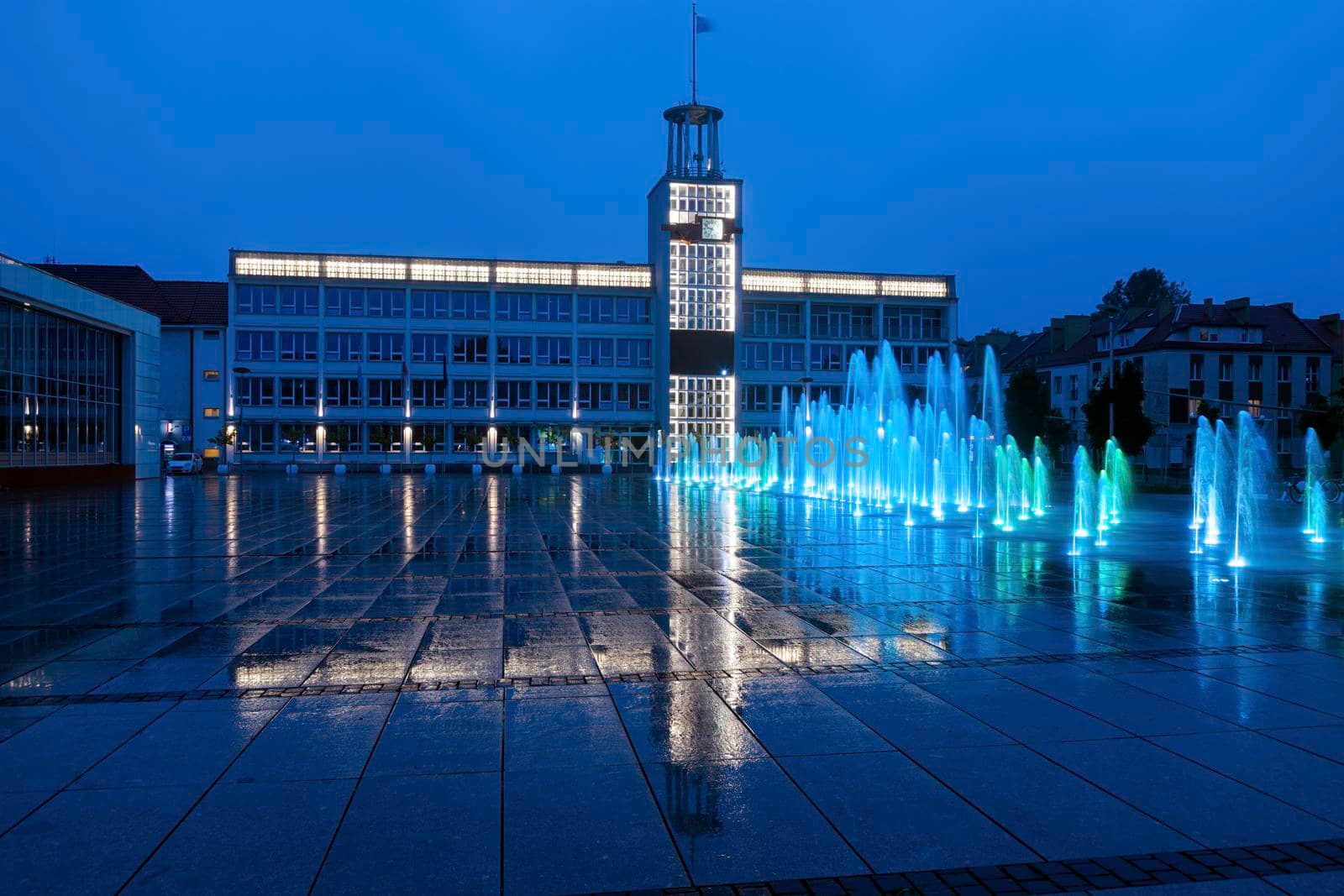 Koszalin City Hall at evening. Koszalin, West Pomerania, Poland.