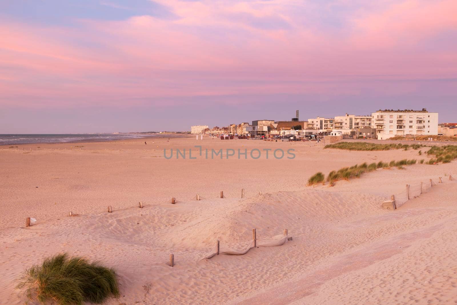 Beach in Dunkirk at sunset. Dunkirk, Hauts-de-France, France.