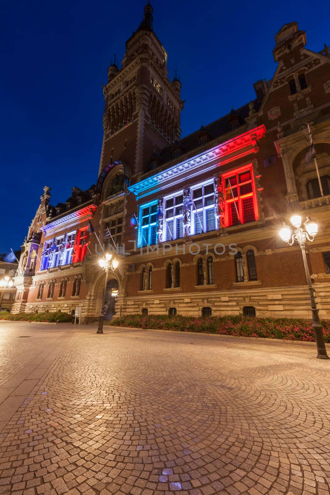 Dunkirk City Hall at night. Dunkirk, Hauts-de-France, France.