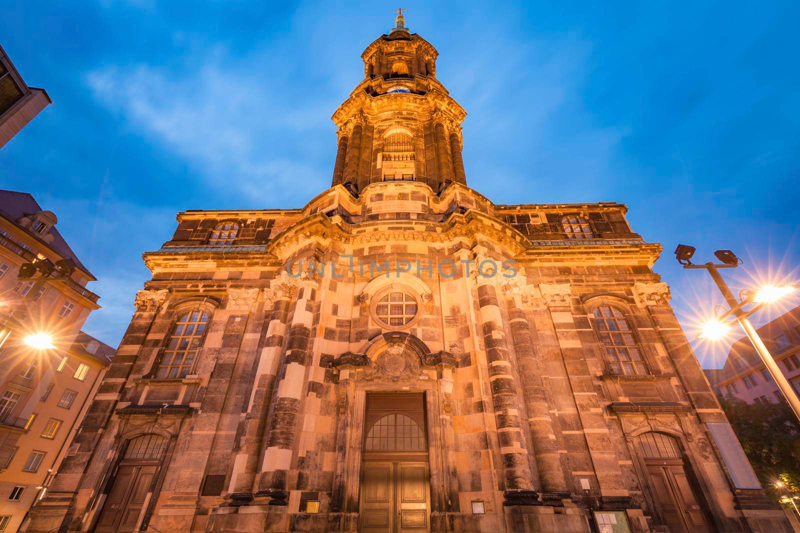 Holy Cross Church in Dresden at night. Dresden, Saxony, Germany.