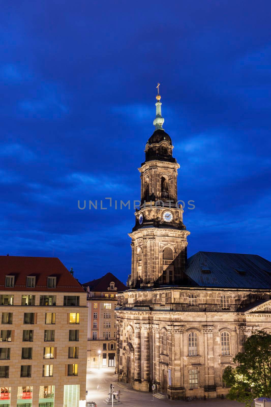 Holy Cross Church in Dresden at night. Dresden, Saxony, Germany.