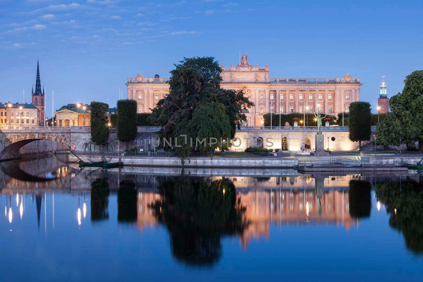 Parliament of Sweden and city hall in Stockholm. Stockholm, Sodermanland and Uppland, Sweden.