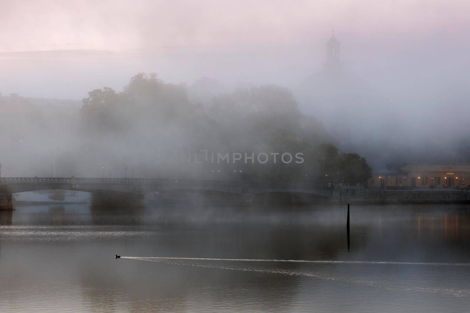 Stockholm in fog. Stockholm, Sodermanland and Uppland, Sweden.