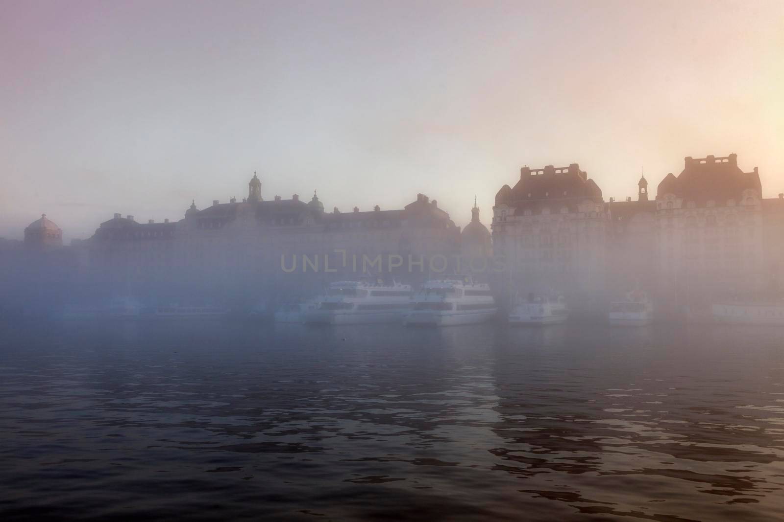Stockholm in fog. Stockholm, Sodermanland and Uppland, Sweden.