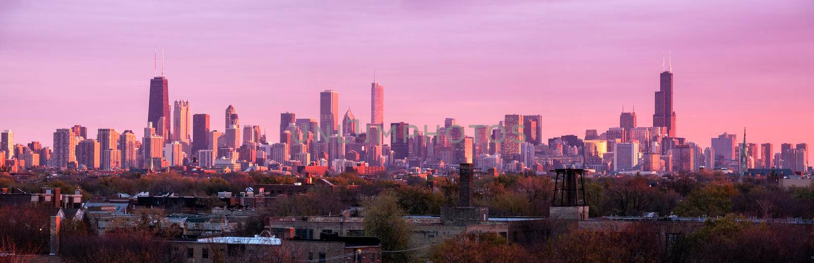 Colorful sunset in Chicago - panoramic view. Chicago, Illinois, USA.