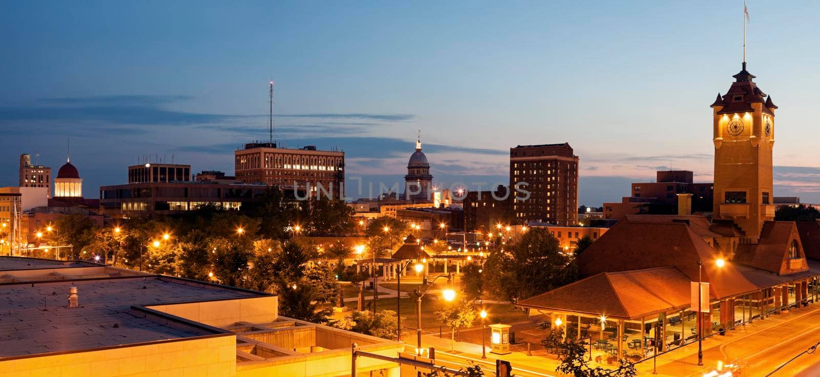 Springfield panorama with old and new State Capitol Buildings and Union Station Building. Springfield, Illinois, USA.