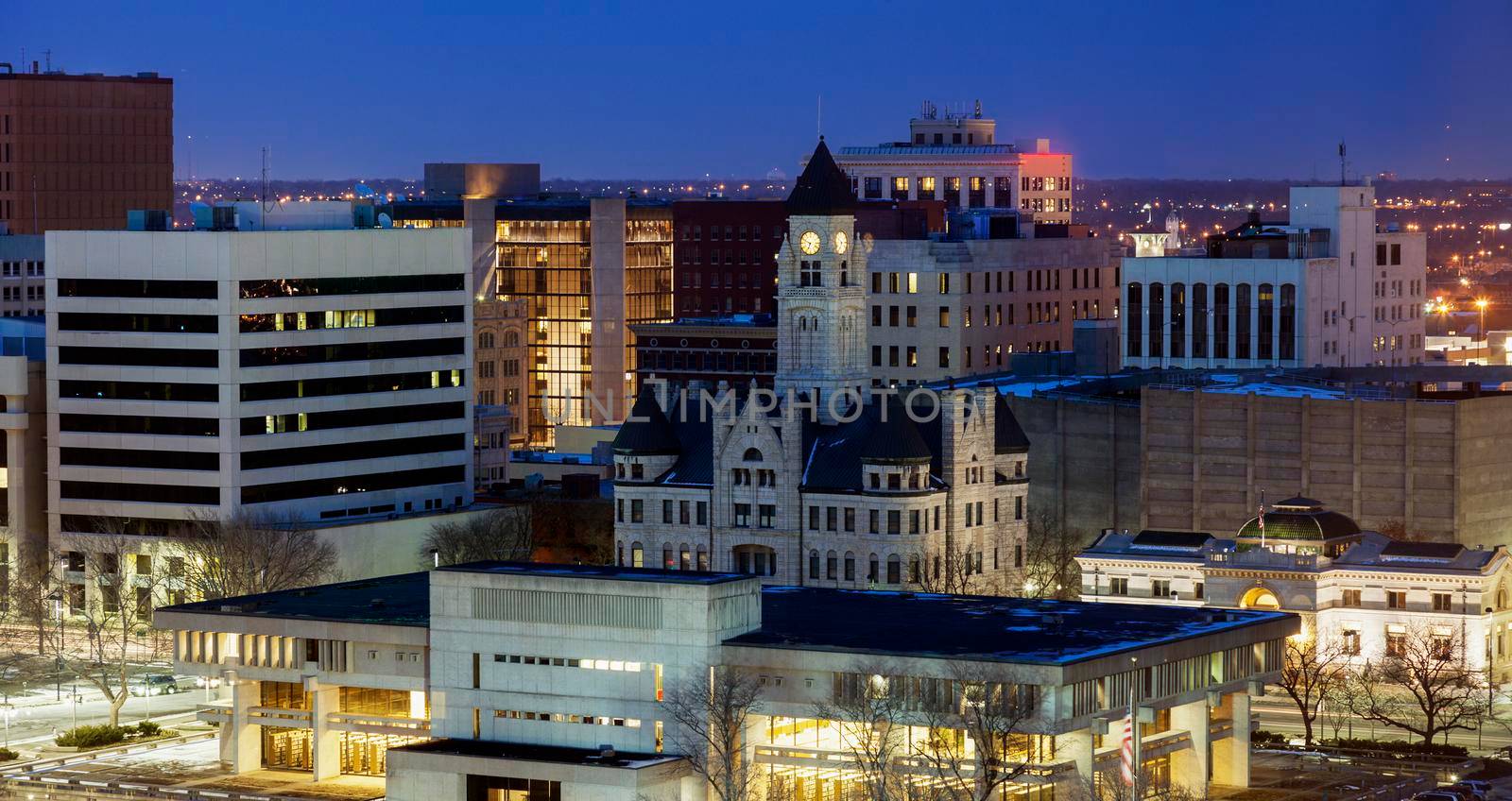 Panorama of Wichita at night. Wichita, Kansas, USA.