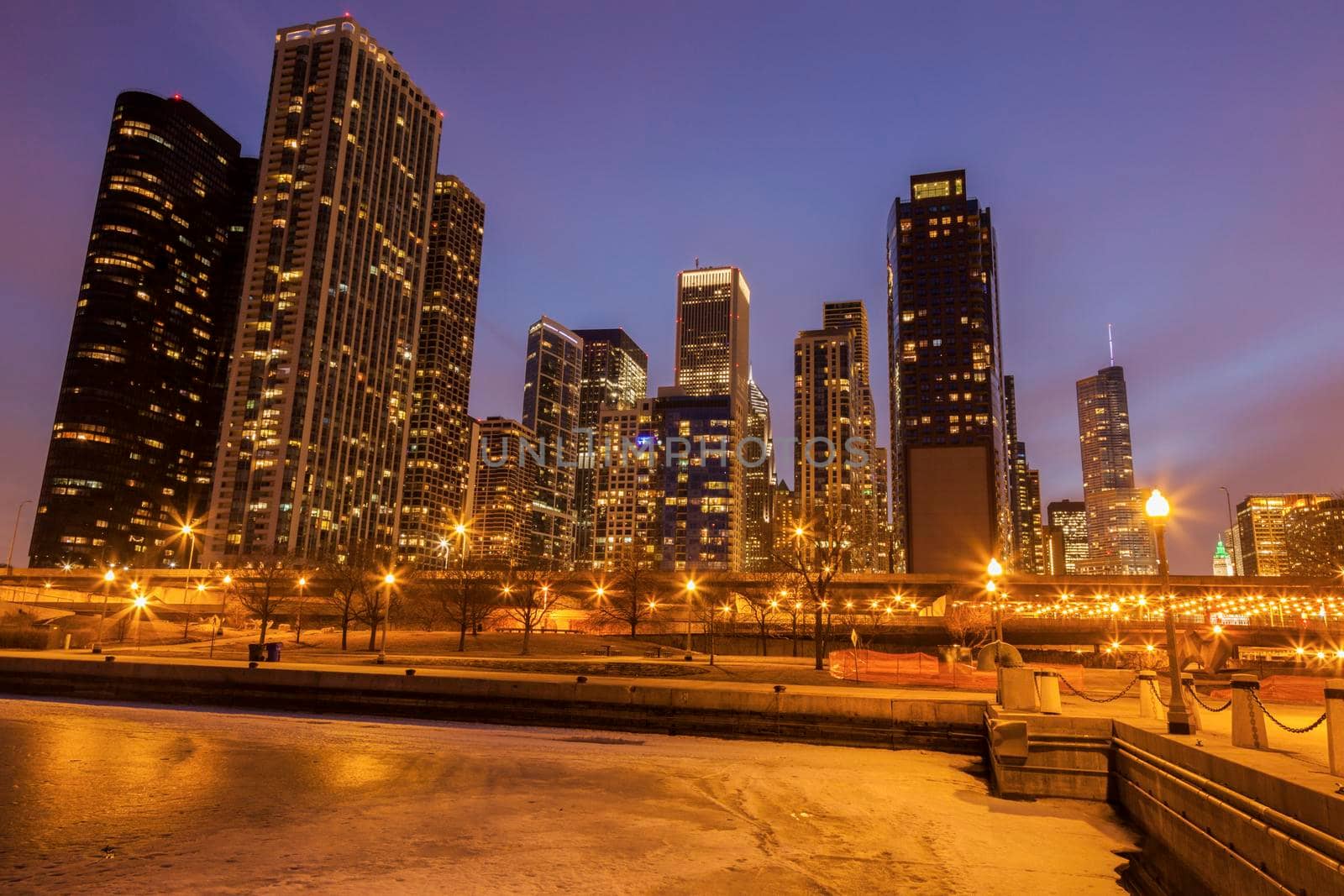 Panorama of Chicago and frozen Lake Michigan. Chicago, Illinois, USA.