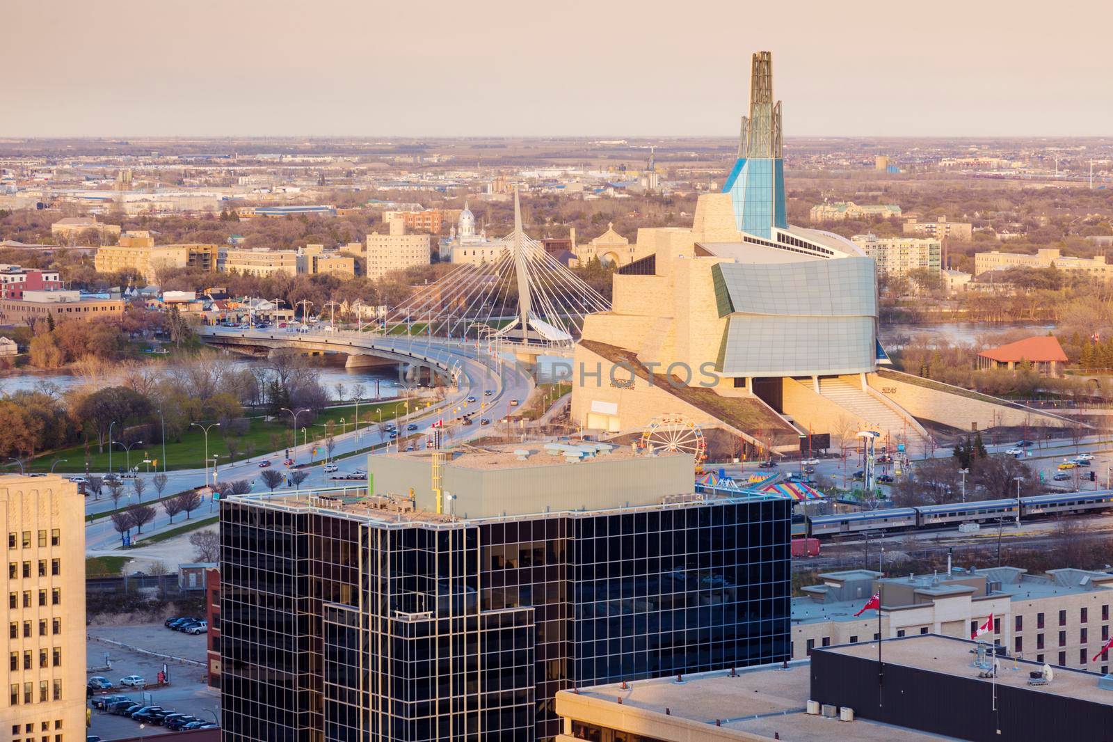 Skyline of Winnipeg at sunset. Winnipeg, Manitoba, Canada.