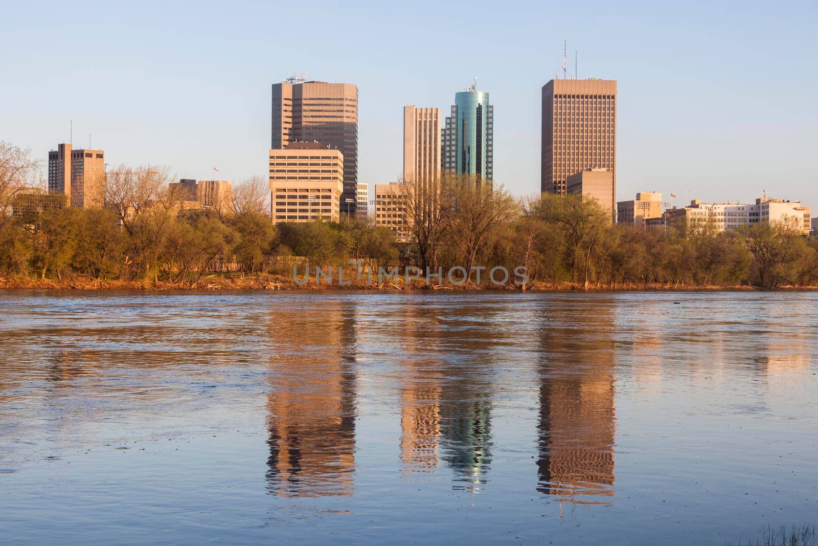 Skyline of Winnipeg at sunrise. Winnipeg, Manitoba, Canada