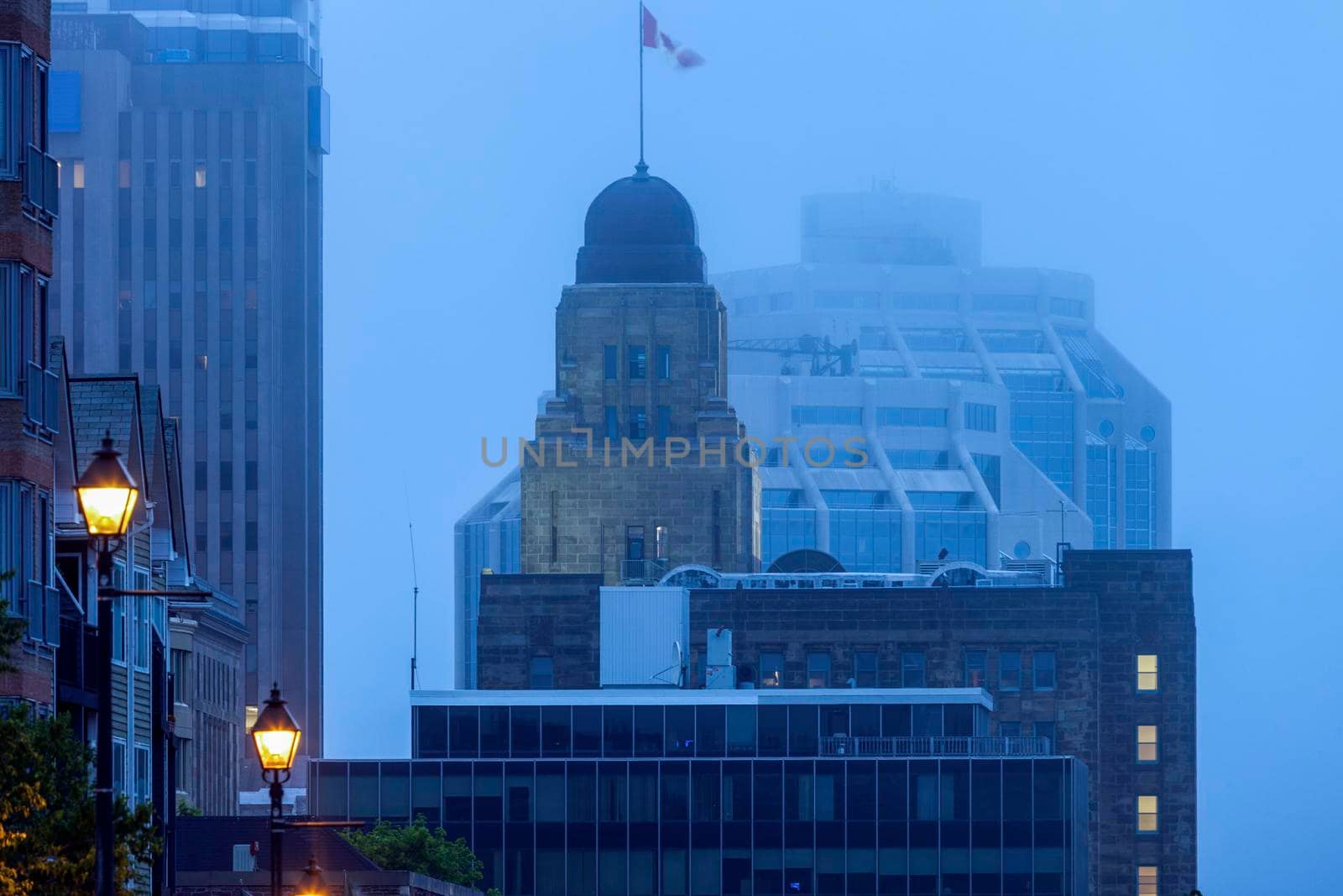Architecture of Halifax in fog. Halifax, Nova Scotia, Canada.