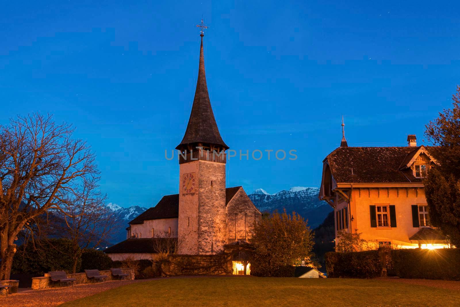 Church in Spiez at night. Spiez, Bern, Switzerland.