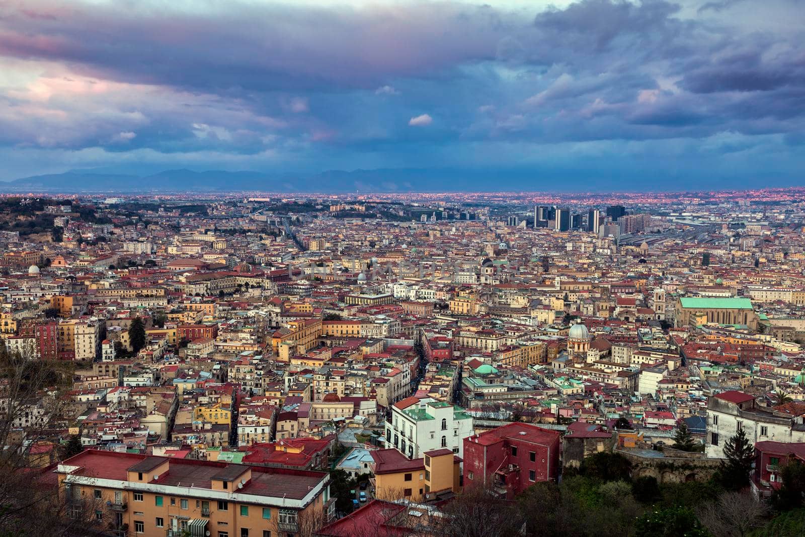 Panorama of Naples at dusk. Naples, Campania, Italy